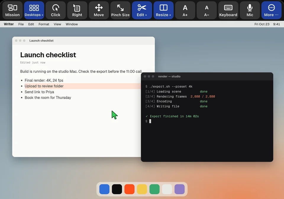 FoldRemote on iPhone Duo opened flat: the app's toolbar runs along the top and the Mac desktop fills the rest of the inner screen
